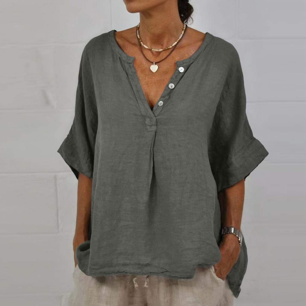 Women's  Color Casual Fashion Pullover With Mid Sleeve Cotton And Linen Top