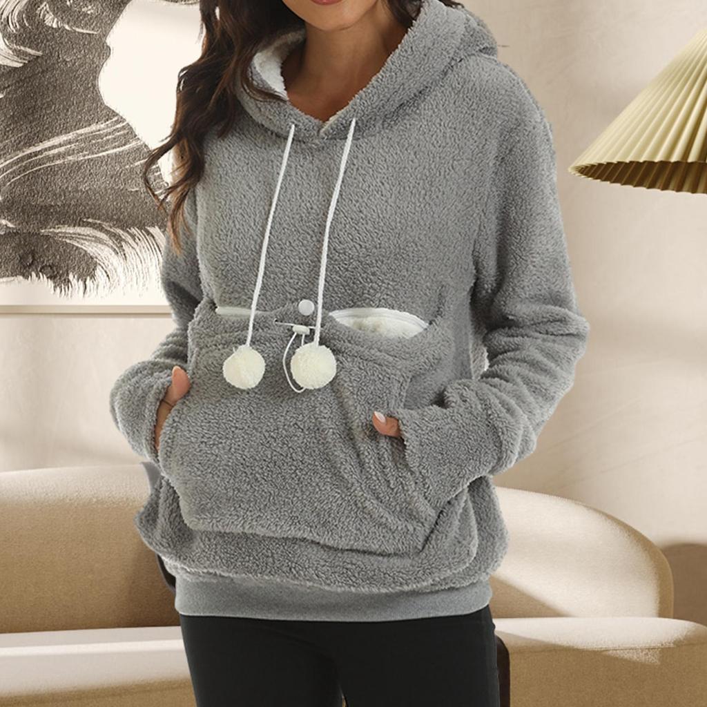 Felpa con cappuccio da donna, grande, con marsupio, autunno inverno, casual, per cani e gatti