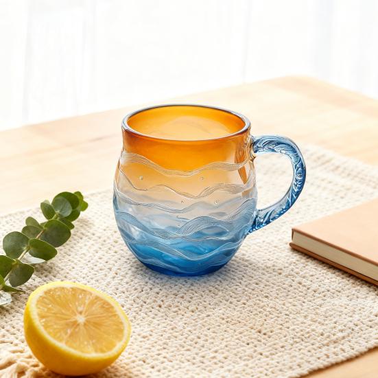 Sunset Ocean Cup Wave Pattern Water Glass 350ml Oceanic Theme Drinking Cup Artistic Drink Container for Beach Lovers