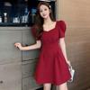 Summer new square neck bubble sleeves sexy backless waist and thin temperament Hepburn style black dress