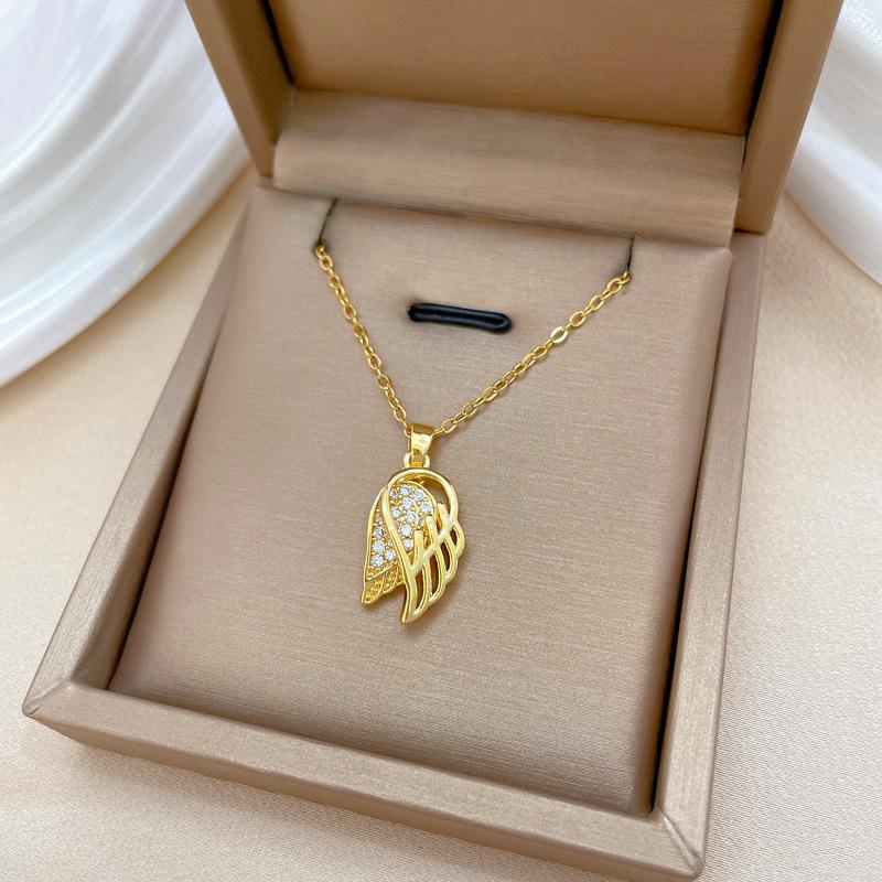 Stainless Steel Chain Fashion Shiny Zircon Wings Pendant Necklace for Women Lady Vintage Gold Color Jewelry Accessories Gifts
