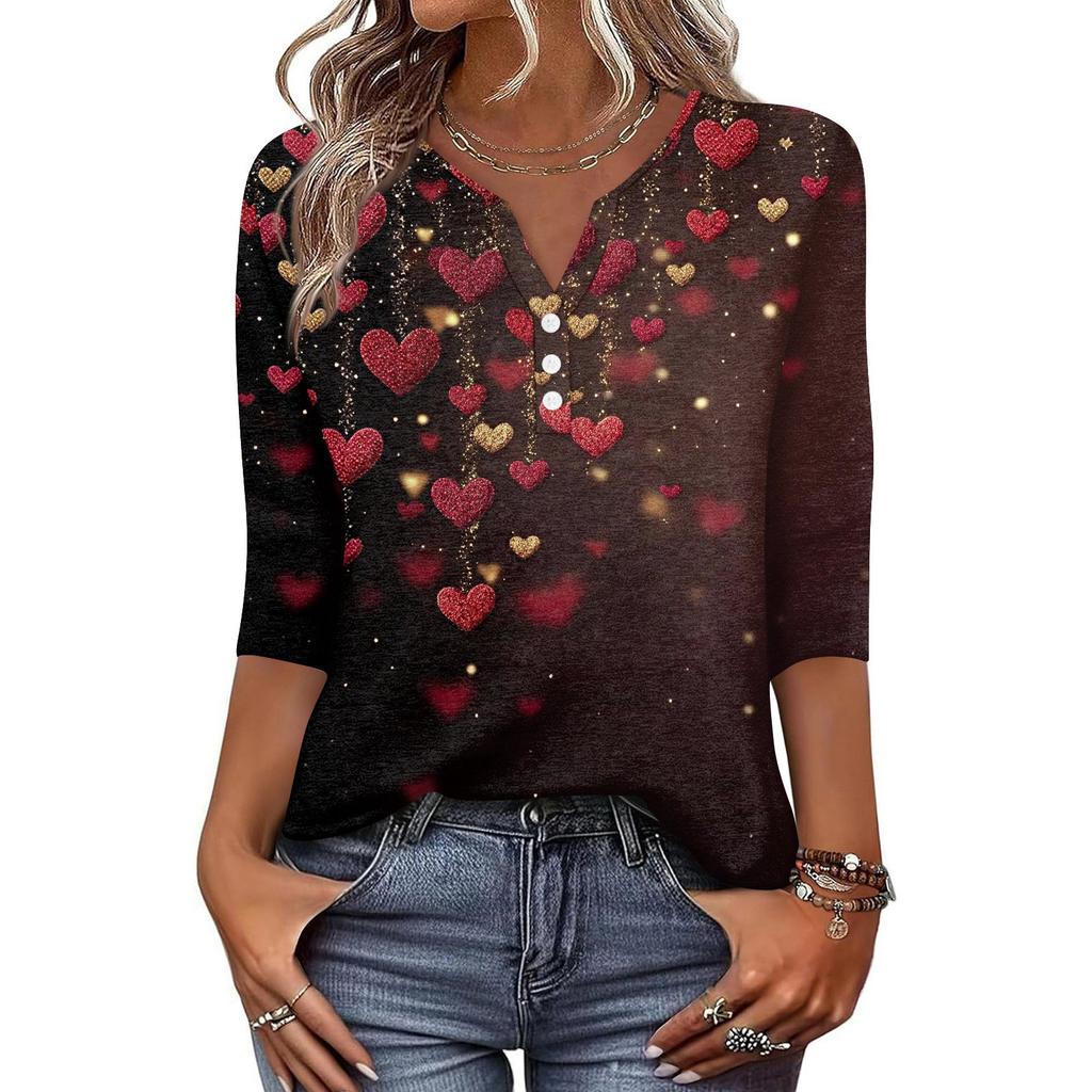 Women's T Shirt Print Button 3/4 Sleeve Daily Weekend Fashion Basic V- Neck Regular Top