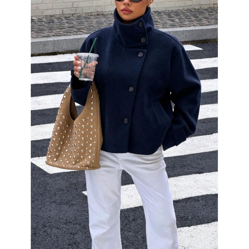Damen Vintage Stehkragen Jacke Freizeit Unifarben Oberbekleidung Herbst Winter Kleine Frauen