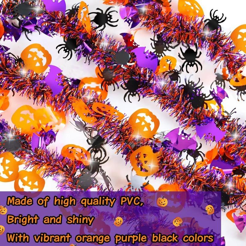 2m Halloween Tinsel Garland with Pumpkin Spider Bat Designs Shiny Metallic Twist for Home Tree Indoor Outdoor Party Decorations