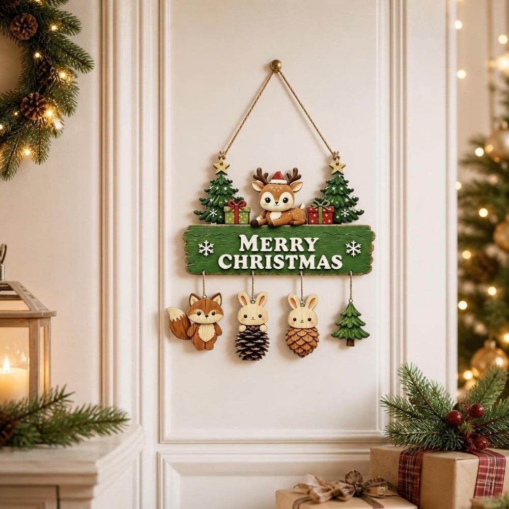 Wooden Christmas Door Hanging Reindeer Santa Claus Christmas Ornaments Snowflake Bell Princess Xmas Wall-mounted Pendants
