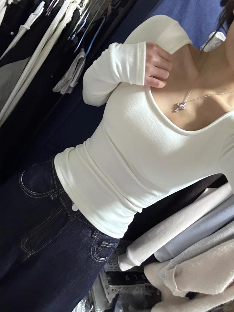 Women's Spicy Girl White Square Neck Slim Fit Long Sleeve Top - Autumn Winter Base Layer
