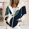 Women Plus Size Zip Up Drawstring Hoodie Long Sleeve Black White Geometric Printed With Pockets