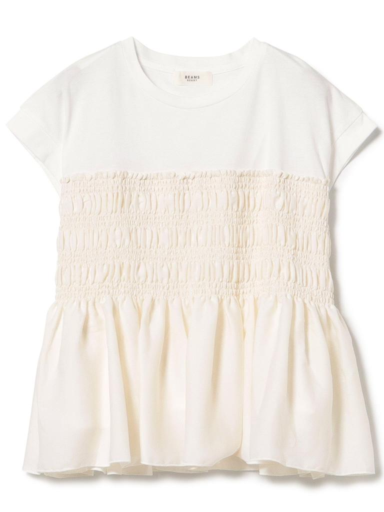 Beams Heart Mixed Material Shirred French Off One Size S/S Tee, Pullover, Women's, White,