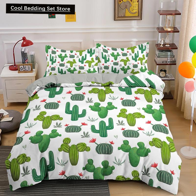 Cactus King Queen Duvet Cover Succulents Bedding Set for Kids Teens Adults Green Botanical Flowers 2/3pcs Polyester Quilt Cover