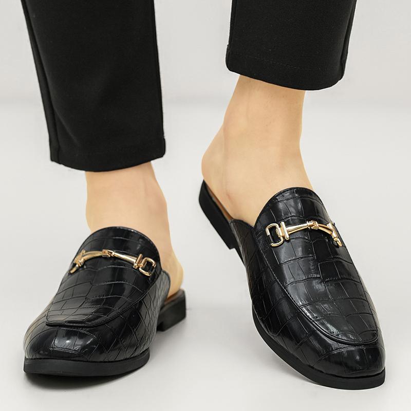 Fashion Summer New Mens Half Slippers Loafers Metal Buckle Patent Leather No Follow-up Breathable Brown Black Daily Commute Casual Shoes