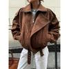 Women's Belt Short Suede Jackets Loose Lapel Long Sleeve Zipper Coats Spring Lady Vintage Female Outwear Street
