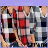 Damskie Vintage Dekolt V Luźne Bluzki Długi Rękaw Stylowy T-shirt W Kratkę Casualowy Design