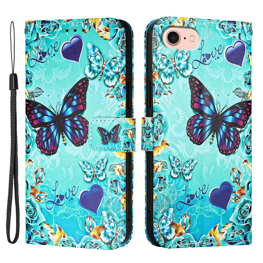 For iPhone 16e Leather Case with Strap and Card Holder Pattern Printing Phone Stand Cover