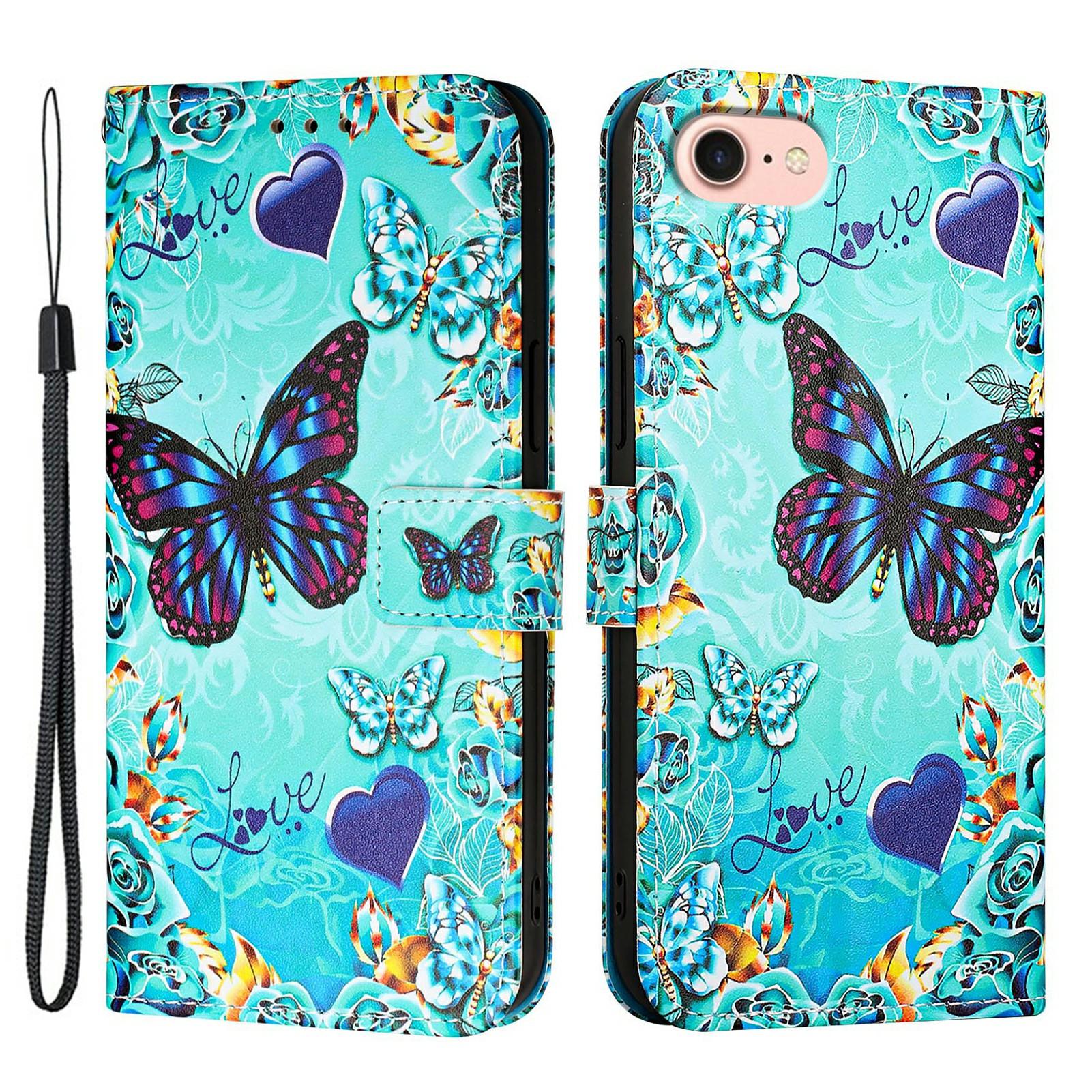 

For iPhone 16e Leather Case with Strap and Card Holder Pattern Printing Phone Stand Cover Butterfly and Heart