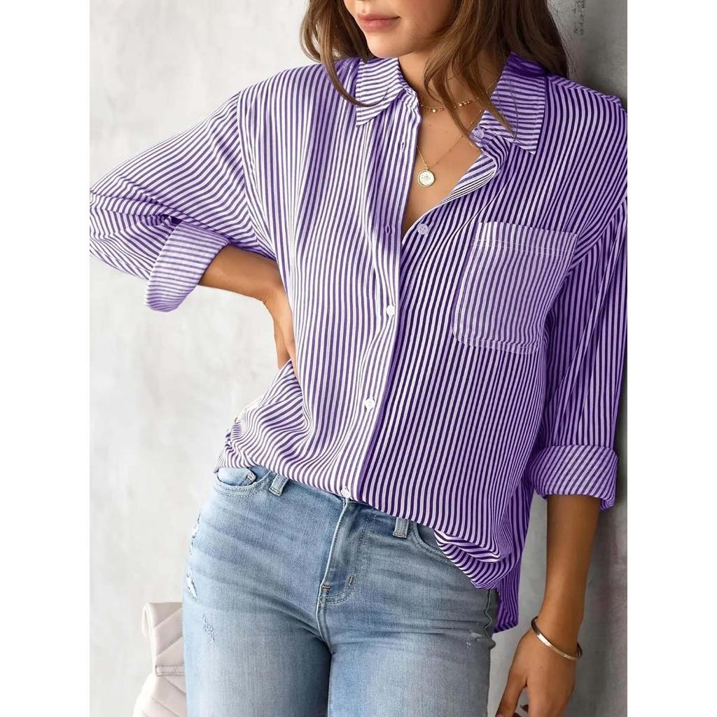 Cardigan a Righe Stampato, Camicia Moda Casual, Camicia da Donna a Righe Morbida, Camicia da Lavoro, Camicia Casual a Maniche Lunghe