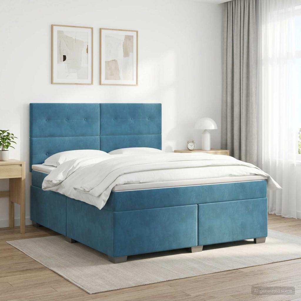 Box Spring Bed with Mattress and Headboard Blue 140 X 200 Cm Velvet
