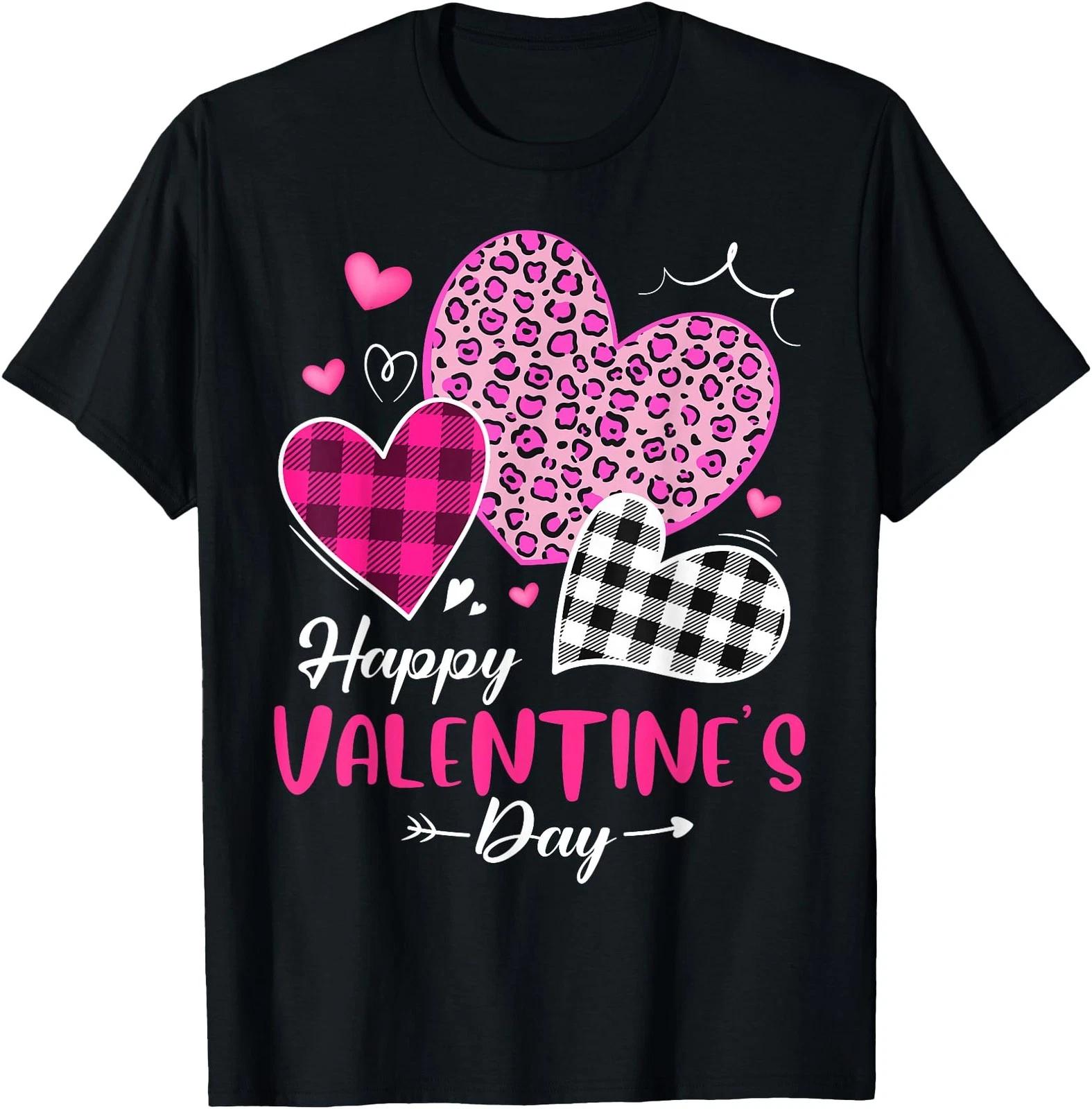 Happy Valentine s Day Leopard and Plaid Hearts Girls Women T shirt L