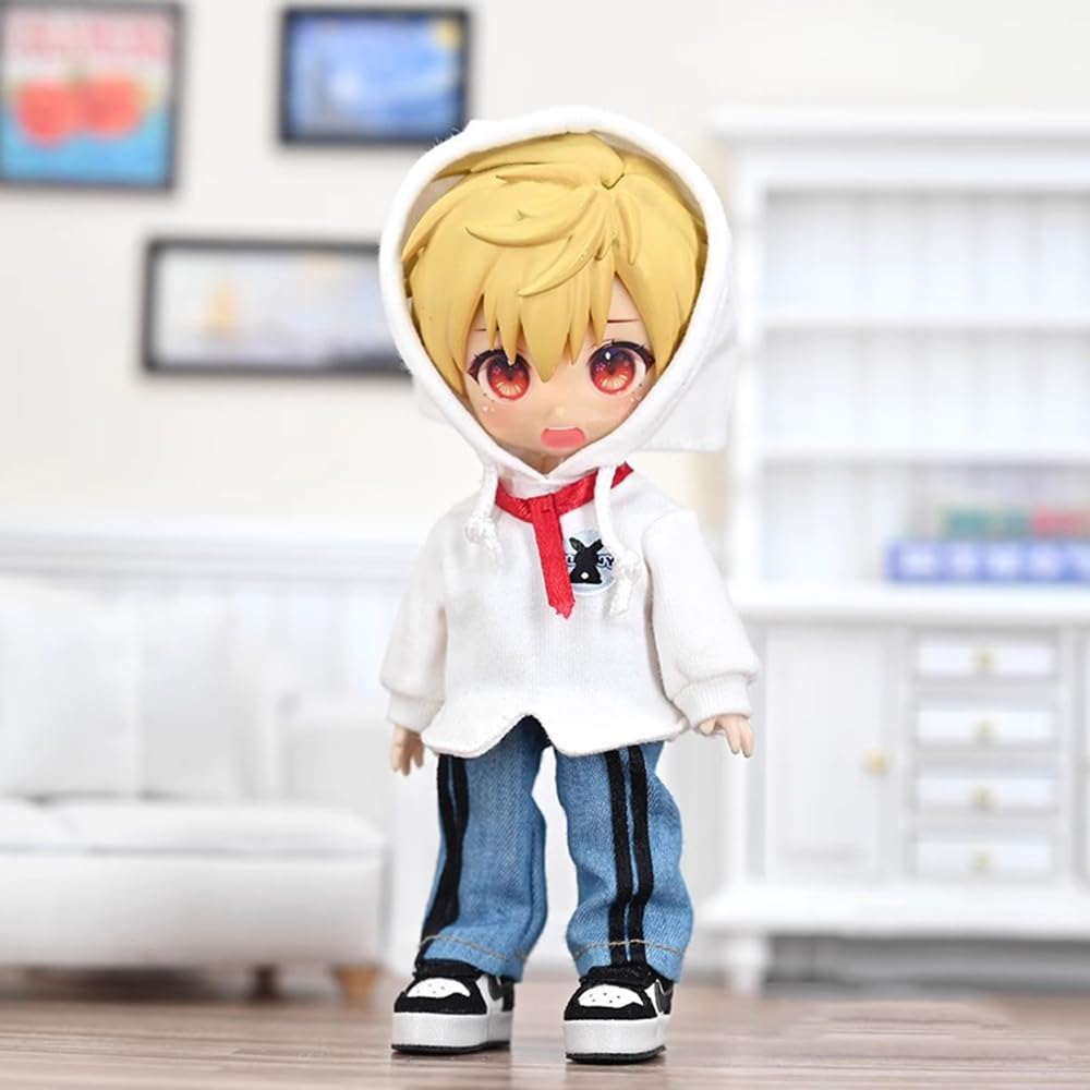 Kostým velikosti Obitsu 11 OB11 pro panenku Obitsu 11cm tělo Školní styl Oblečení Set Králičí čepice s králičími uši, Mikina s kapucí, Vesta, Kalhoty (Sada 3 kusů)