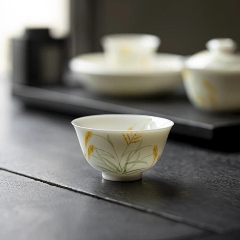 Hand Painted Wheat Porcelain Tea Cup 85ml Zen Style Ceramic Teacup for Gongfu Tea Pu Erh Drinking Set Chinese Tea Ceremony Gift
