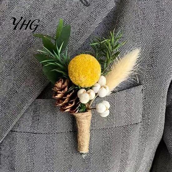 DIY Craft Dried Flowers Flower Boutonniere, Preserved Wedding Corsage, Rustic Natural Dry Retro Style Boutonnieres Brooch Pin for Groom Bride