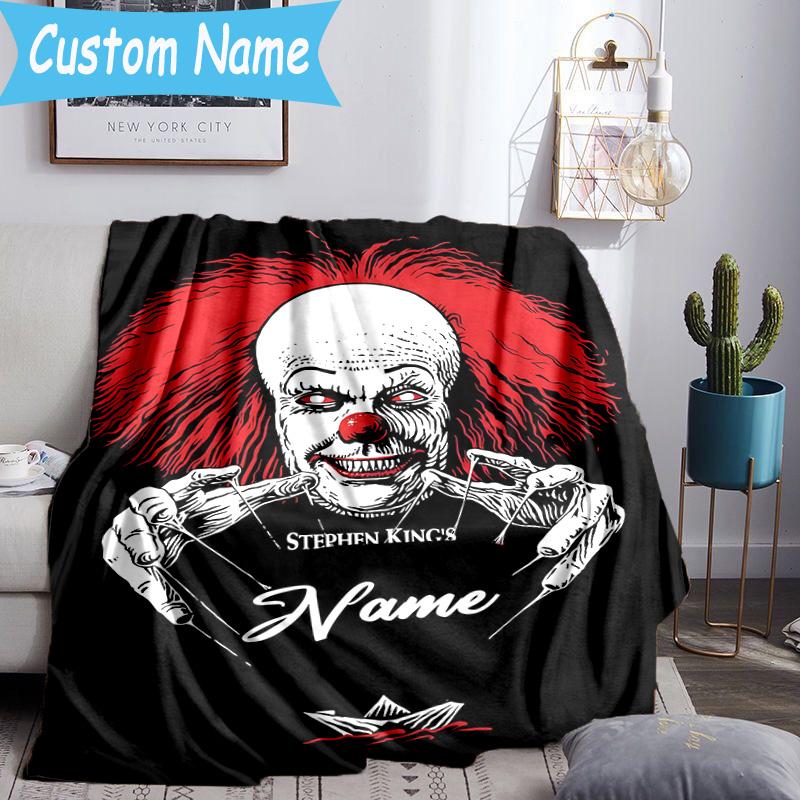 1PC Custom Name Clown Horror Throws Blanket Flannel Blankets for Couch Bed Gifts for Men Women Travel Picnic Christmas Fan Gifts