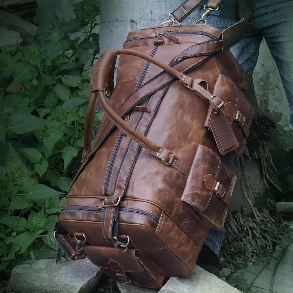 Handmade Top Grain Leather Duffle Bag: 24-inch Weekender Travel Bag