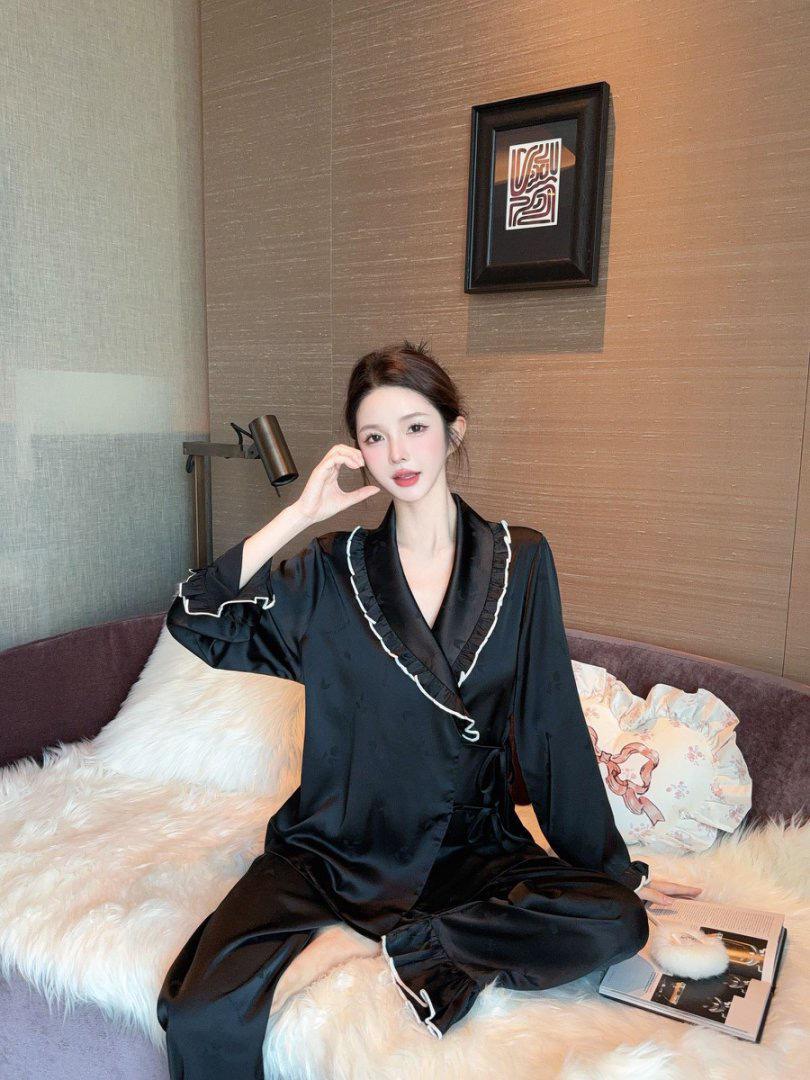 

Женская пижама из ледяного шелка - Удобная, высококачественная французская жаккардовая пижама с длинным рукавом и брюками для весны и осени XXL