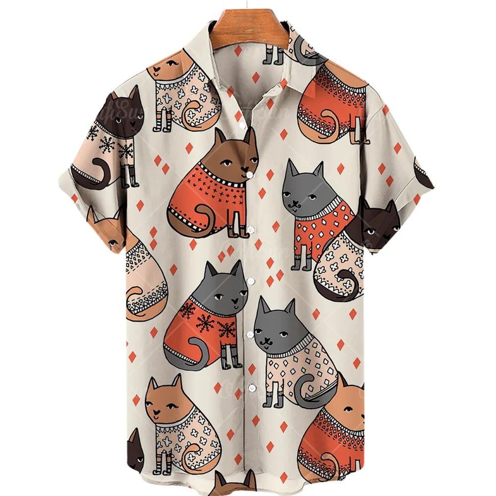 Cute Cat Pattern Print Men Short Sleeve Shirt Summer Men Fashion Loose Shirt Tops