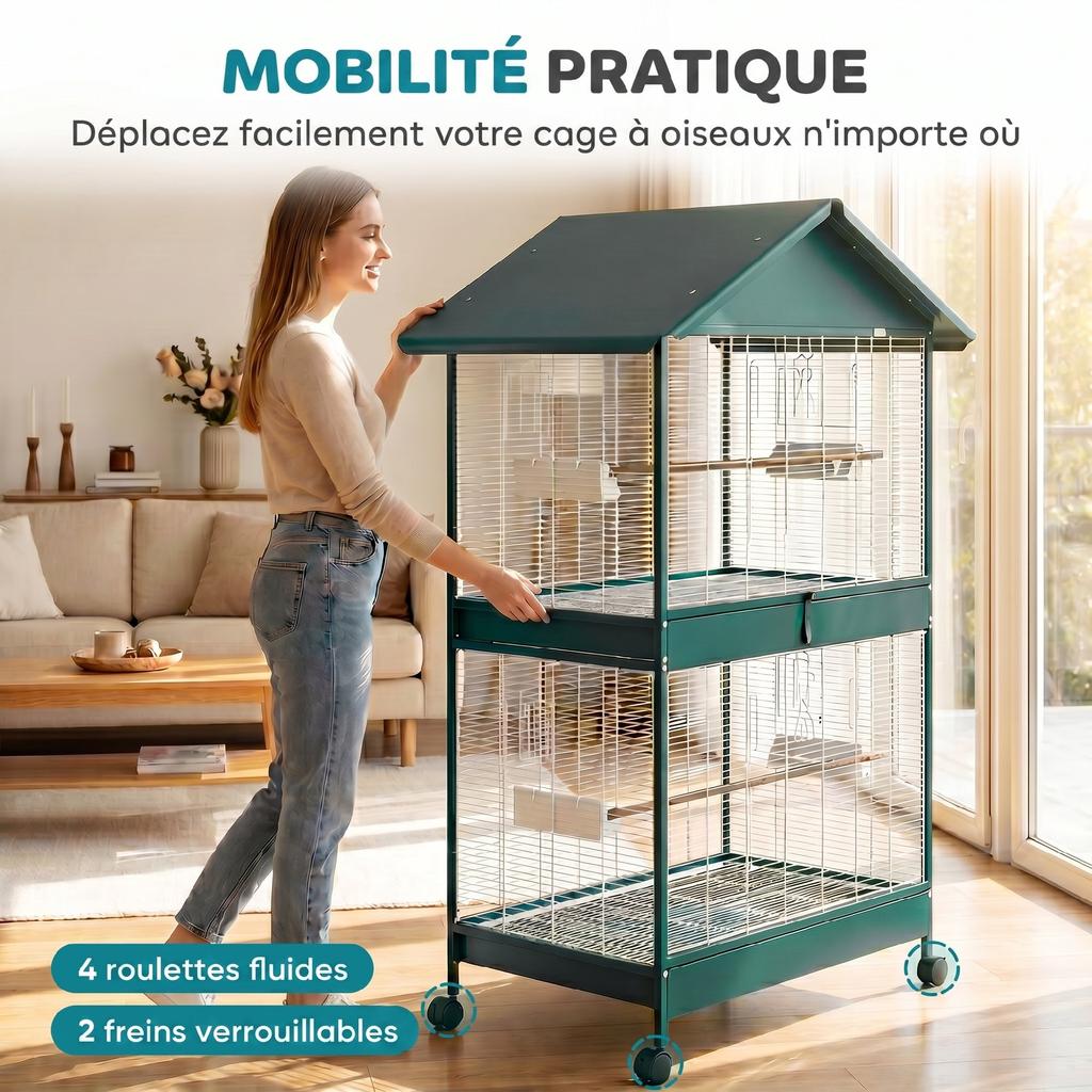 Birdcage on Wheels, Removable Divider, 4 Feeders 2 Perches, 2 Sliding Trays, 94 x 70 x 158 cm