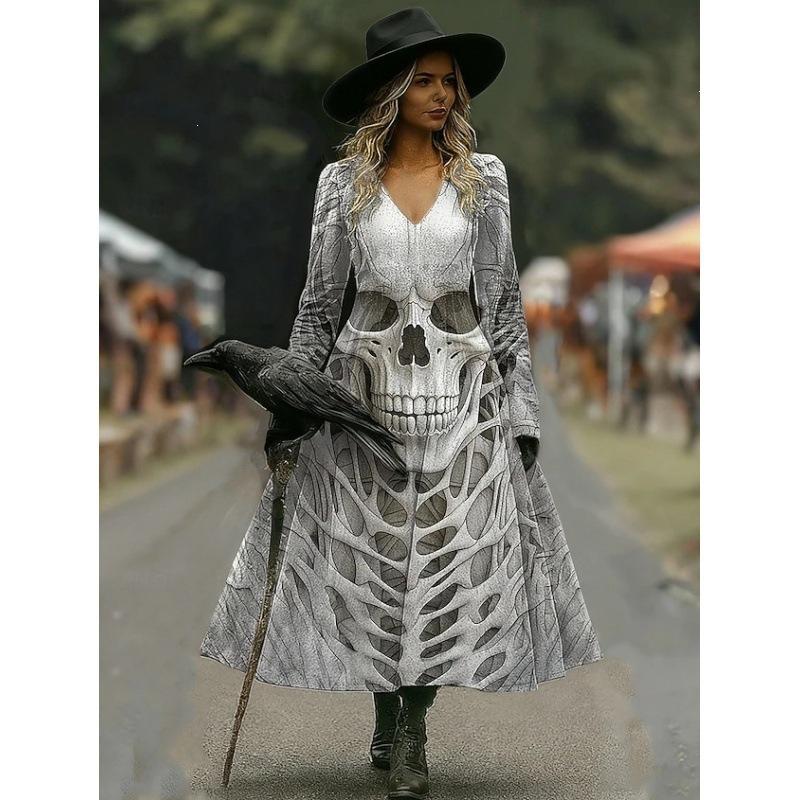 Dlouhé šaty Šaty áčkového střihu Vintage Bohémské Párty Běžné Lebka Dlouhý rukáv Výstřih do V Halloween