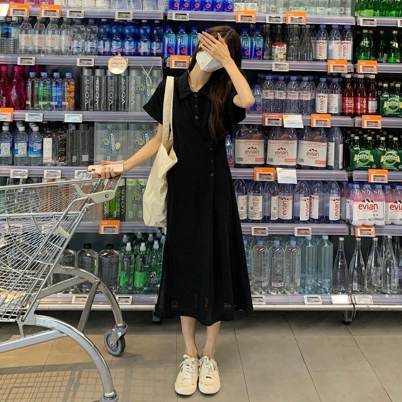 Polo Collar Split-ended Dress for Women's Summer Niche Design Sense, Waist and Thin Medium and Long French Short-sleeved A-shaped Skirt