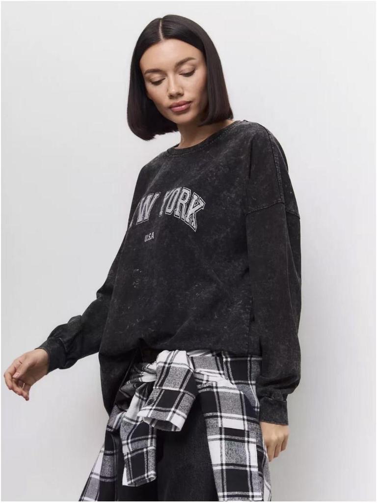 Vintage European-American Style Black Cotton Print Long Sleeve Slimming T-Shirt for Women