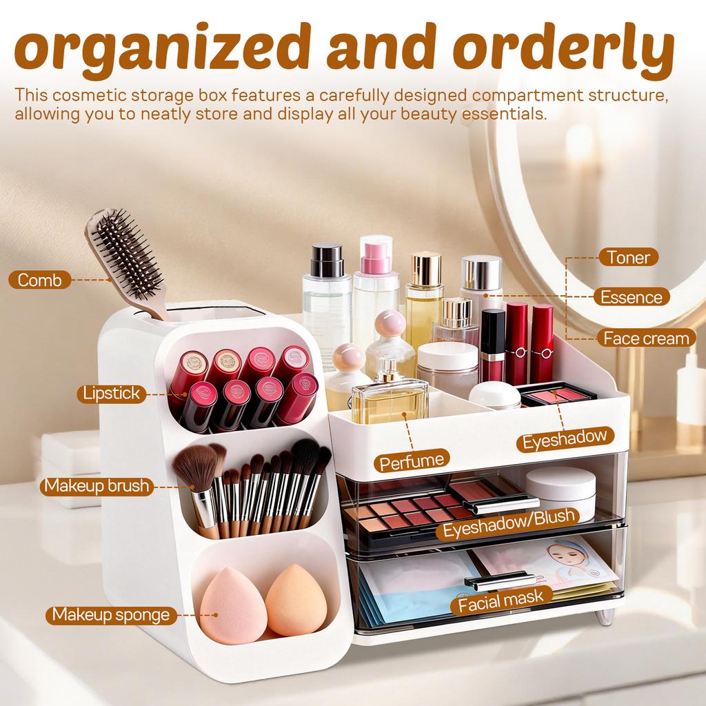 Schubladen-Kosmetik-Aufbewahrungsbox Kunststoff-Hautpflege-Display-Case Große Kapazität Schminktisch Schreibtisch-Organizer Halter Schreibwarenbox