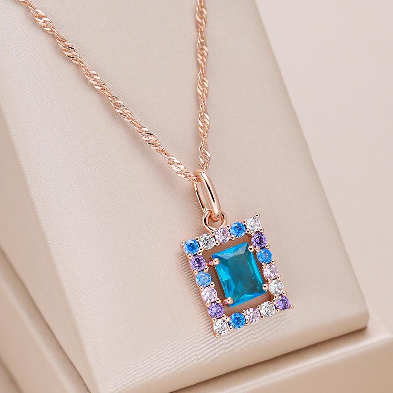 Kienl Fashion  Rose Gold Color Square Pendant Necklace For Women Blue Natural Zircon Accessories High Quality Daily Jewelry