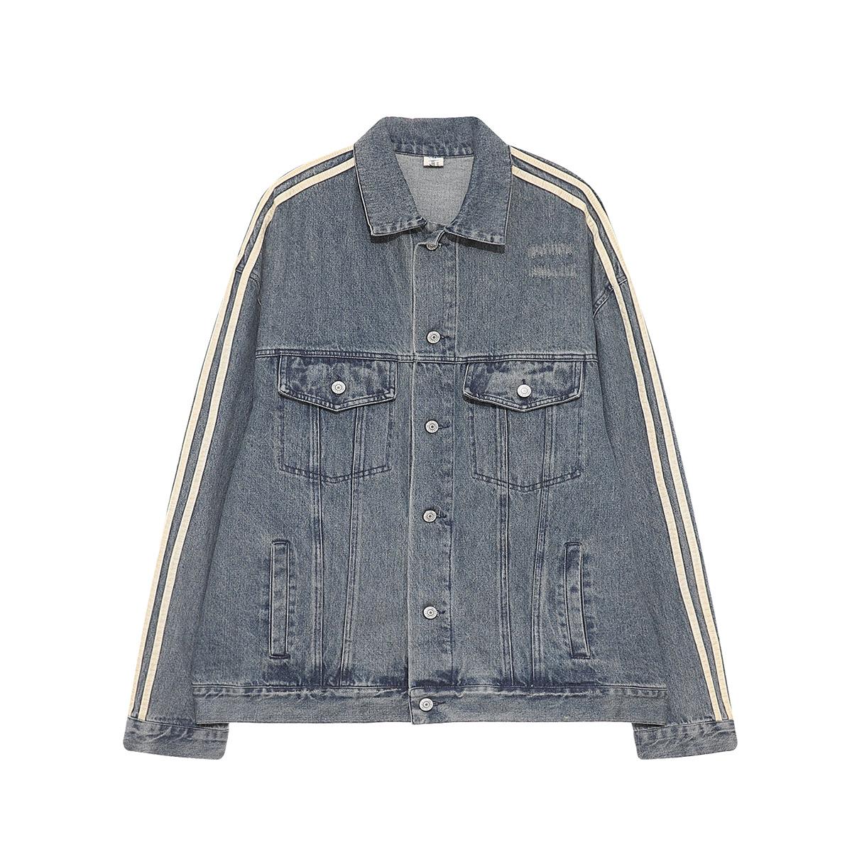 Trendy brand American retro heavy washing water striped splicing lapel denim jacket new tooling jacket S