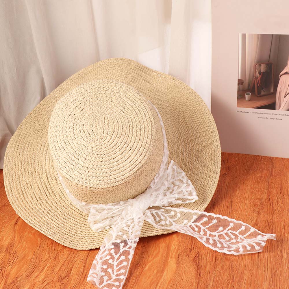Spring Summer Flat Top Straw Hats French Style Women's Sun Hat Ins Bow Ribbon Straw Hat  Female