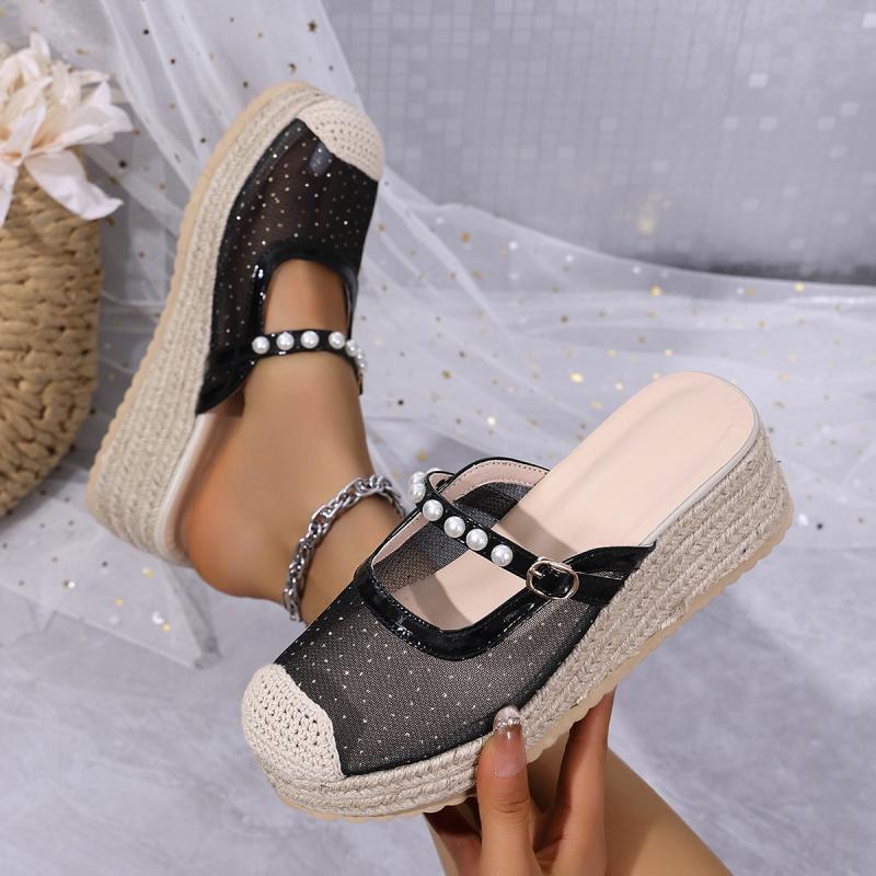 Breathable Lace Wedge Heel Mules Women 2025 Summer Luxury Pearl Chain Close Toe Slippers Bohemia Soft Hemp Sole Sandals Women