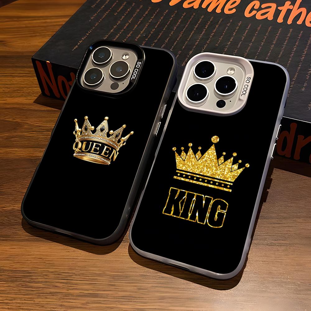 KING Queen Crown Letter Phone Case For IPhone17 Air 16 15 14 Plus 13 12 11 Pro 7 8 XS Max XR Silver Black Bumper Case
