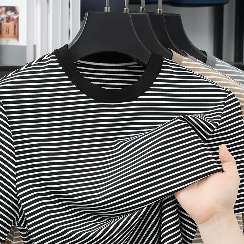 Classic Stripe Ice Silk High Elasticity Men's Summer Round Neck Short-sleeved T-shirt