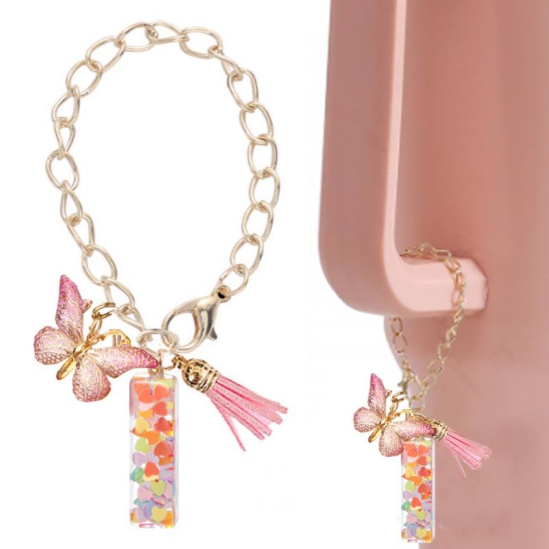 Chaîne de Tasses en Résine Rose à Franges Papillon Chaîne de Tasse Stanley Pendentif Cœur 26 Lettres Porte-clés Sac Rétro Durable Accessoire de Sac à Dos Pratique