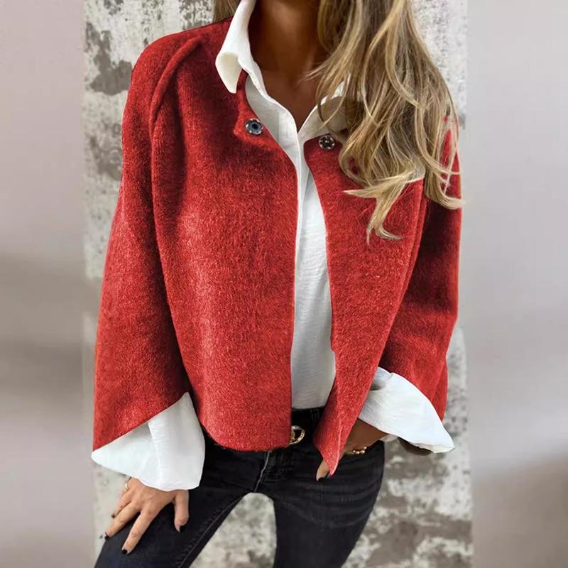 Dámský vlněný kabát z umělého kašmíru - Podzim/Zima, Volný krátký střih, Dlouhé rukávy