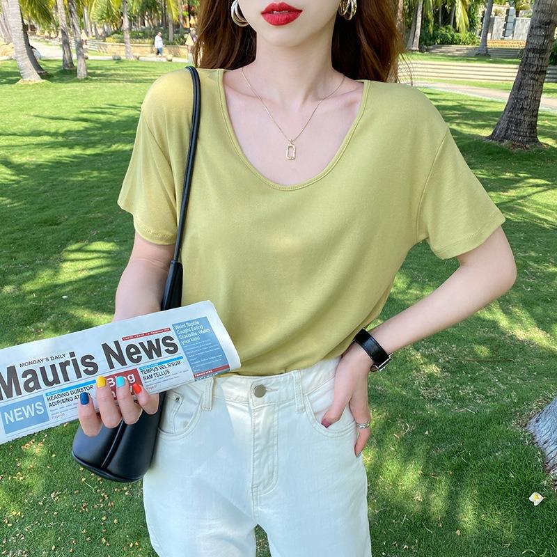 

Футболка свободного покроя из модального хлопка с короткими рукавами для женщин, новая футболка с V-образным вырезом, топ из ледяного шелка, летний зеленый, с коротким рукавом L