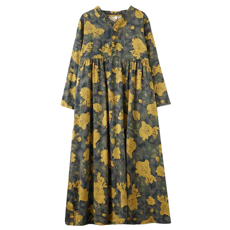 Real Spring and Summer New Retro Cotton and Linen Printing Loose Casual Fungus Lace Collar Long-sleeved Big Swing Dress