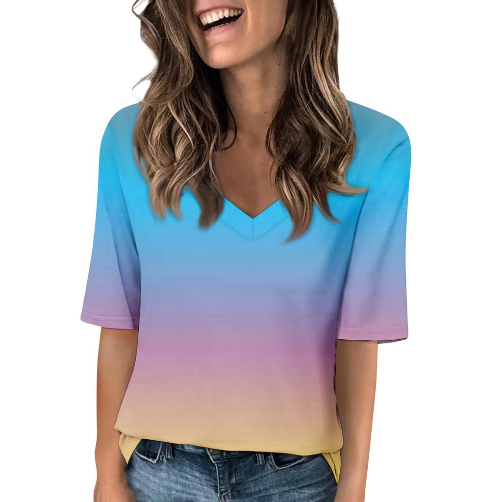 Women's V Neck T Shirts Half Sleeve Tops Printed Casual Summer Tees T Shirt Blouse