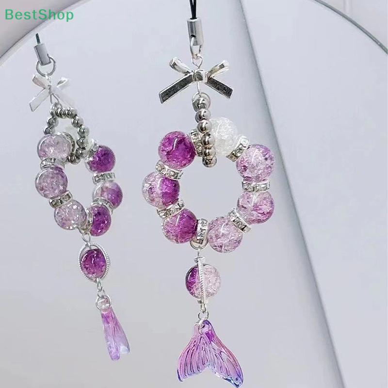 Blue Mermaid Tail Phone Charm,Beaded Bow Keychain