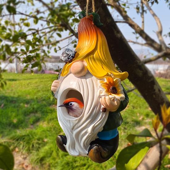 Gnome Statue Bird House Weather-proof Outdoor Garden Yard Hanging Bird House Outside Hummingbird Feeder Decoration
