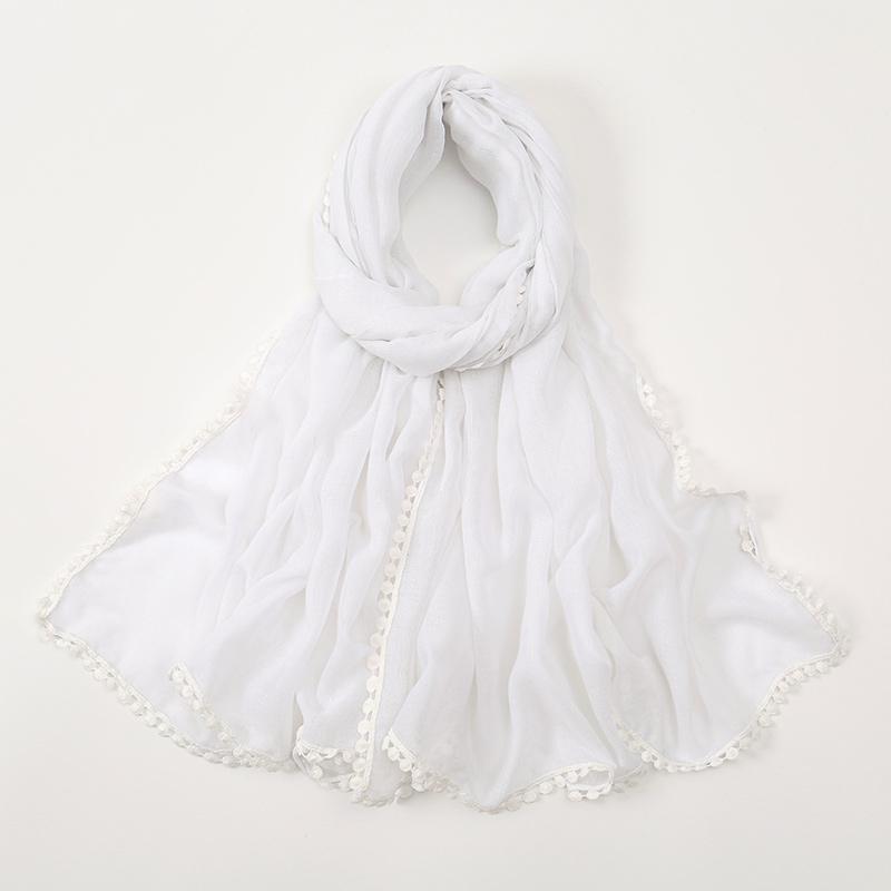 Winter Plain Solid Lace Chain Pom Pom Viscose Shawls Scarf Lady High Quality Wrap Pashmina Stole Bufandas Muslim Hijab 180*90Cm