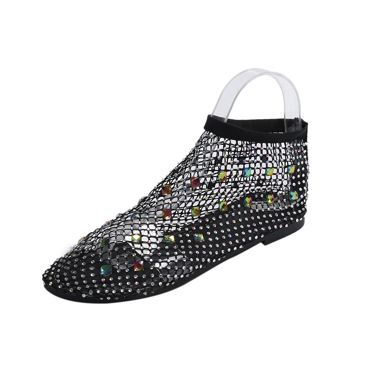 

Европейские и американские сандалии с круглым носком, плоской подошвой, цветными крупными бриллиантами, эластичные, женские, сексуальные, сандалии-носки в сетку, внешнеторговые, большого размера 44 35