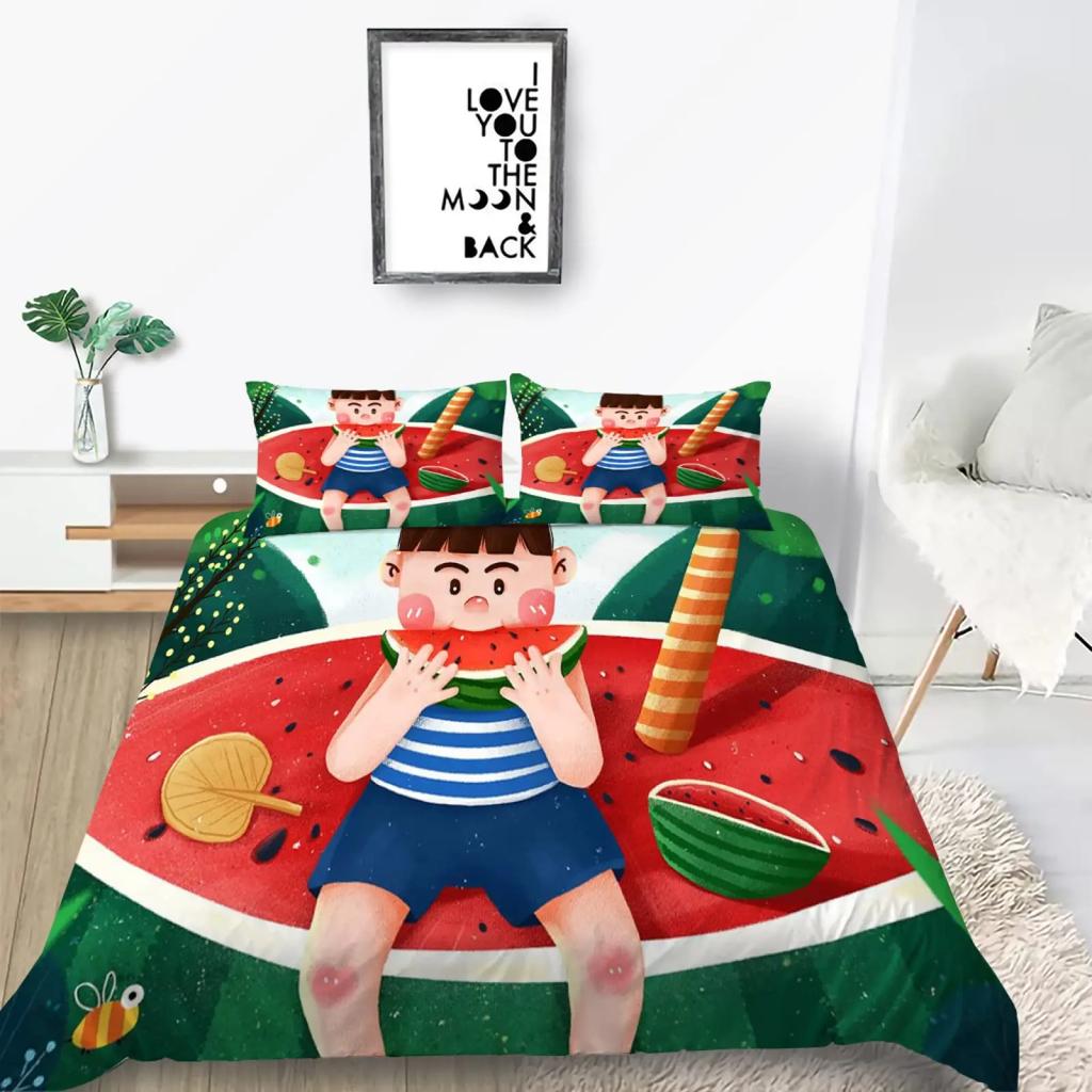 Red Watermelon Duvet Cover Watermelon Peel Summer Fruit Slices Patterned Teens Children Green Polyester Quilt Cover Decorations