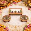 Handicrafts Paradise ( 6 x 4 & 4 x 4 inch, Set of 3Pc Marble Puja Chowki with Intricate Painting for Mandir, Idols Statues Pratima, Bajot